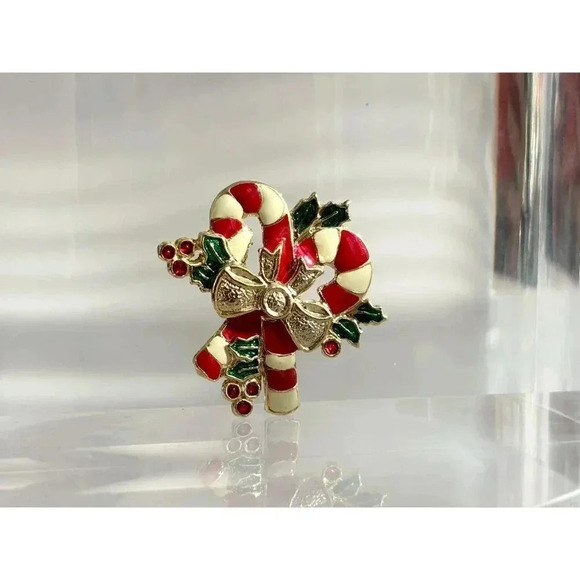 Red, Green & White Enamel Gold Toned Candy Cane Bowtie Christmas Vintage Brooch - Picture 2 of 6